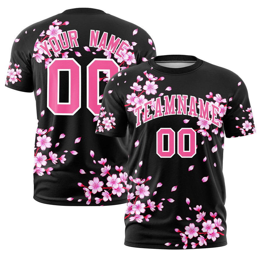 Custom Black Pink White T-shirt - Cherry Blossoms Quick dry | BuyFootballJersey