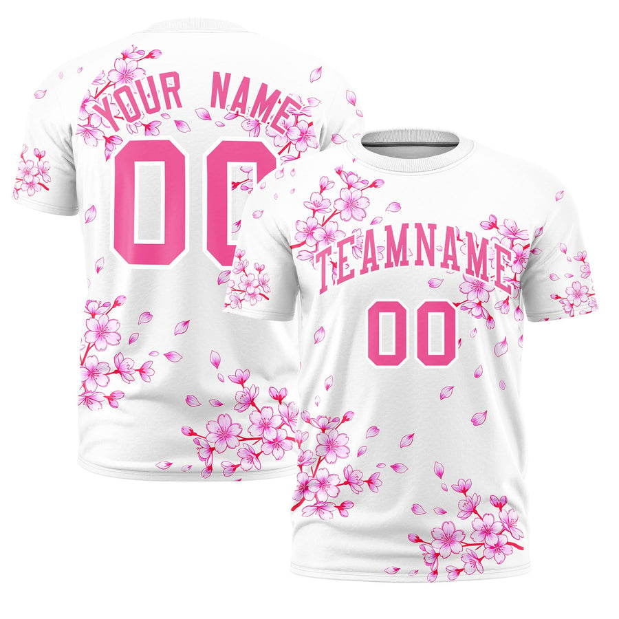 Custom White Pink T-shirt - Cherry Blossoms Stretchy | BuyFootballJersey