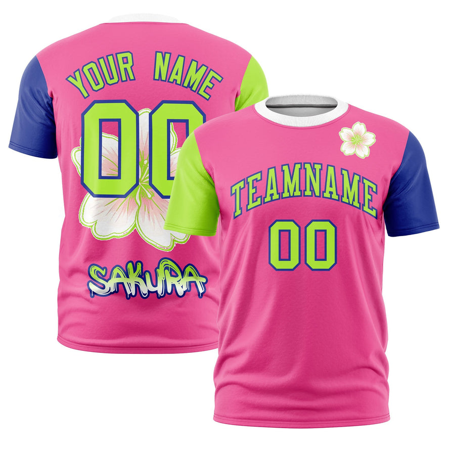 Custom Pink Neon Green T-shirt - Cherry Blossoms Moisture Wicking | BuyFootballJersey