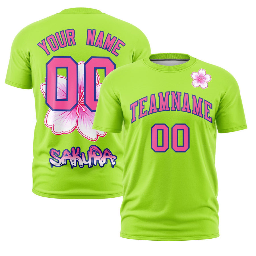 Custom Neon Green Pink T-shirt - Cherry Blossoms Breathable | BuyFootballJersey
