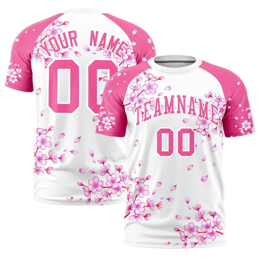 Custom White Pink T-shirt - Cherry Blossoms Quick dry | BuyFootballJersey