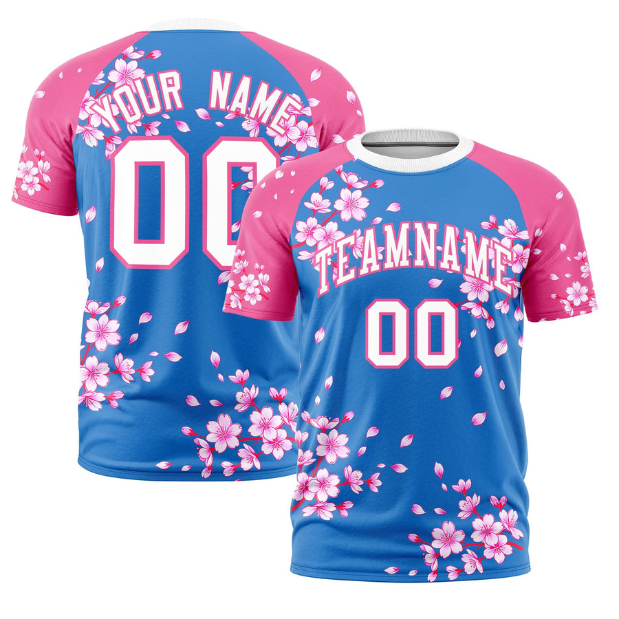 Custom Light Blue White T-shirt - Cherry Blossoms Stretchy | BuyFootballJersey