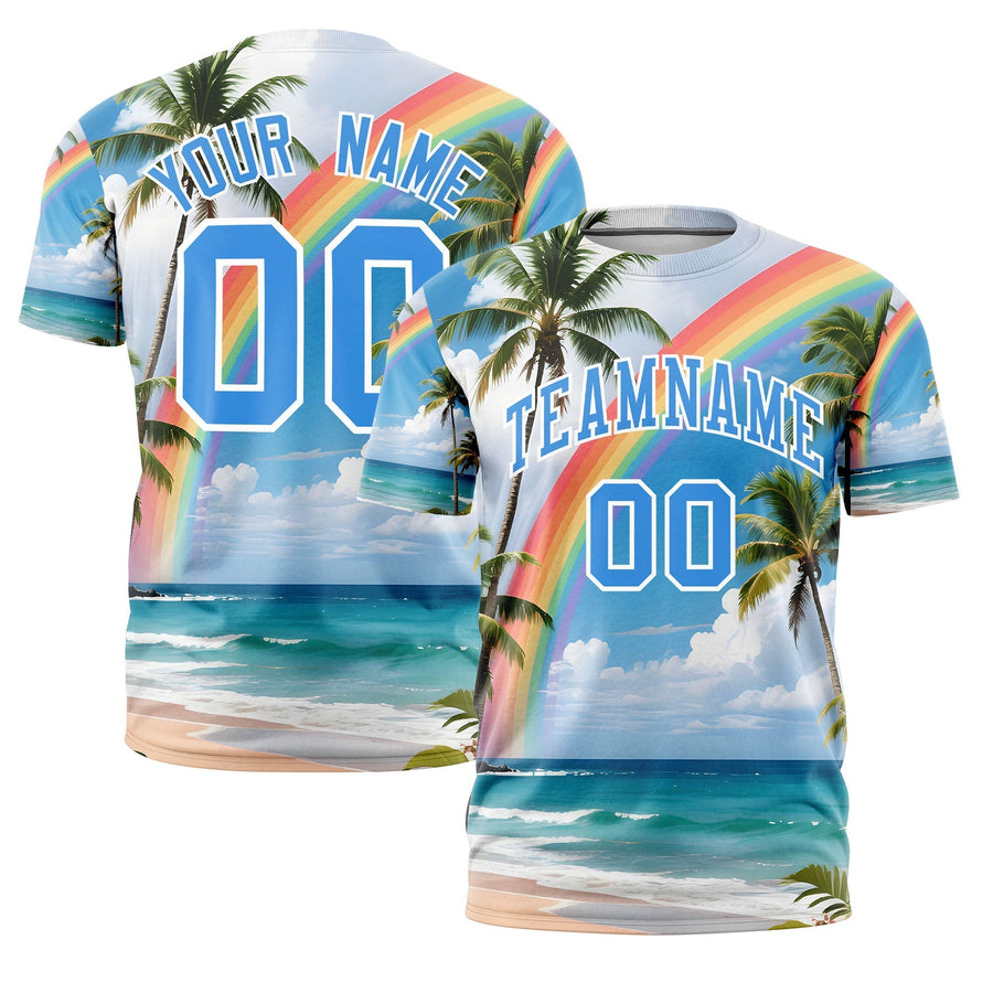 Custom Powder Blue White Graffiti Pattern Hawaiian Style T-shirt | BuyFootballJersey