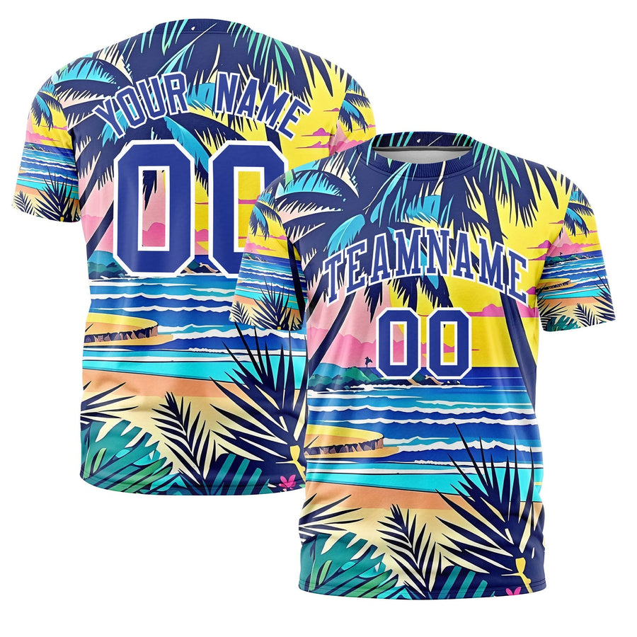 Custom Royal Blue White Graffiti Pattern Hawaiian Style T-shirt | BuyFootballJersey