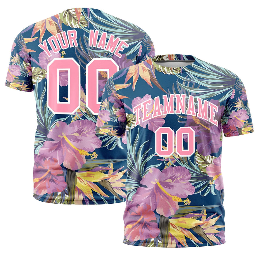 Custom Light Pink White Graffiti Pattern Hawaiian Style T-shirt | BuyFootballJersey