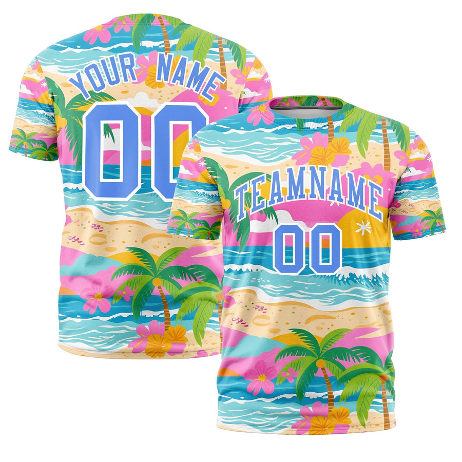 Custom Light Blue White Graffiti Pattern Hawaiian Style T-shirt | BuyFootballJersey