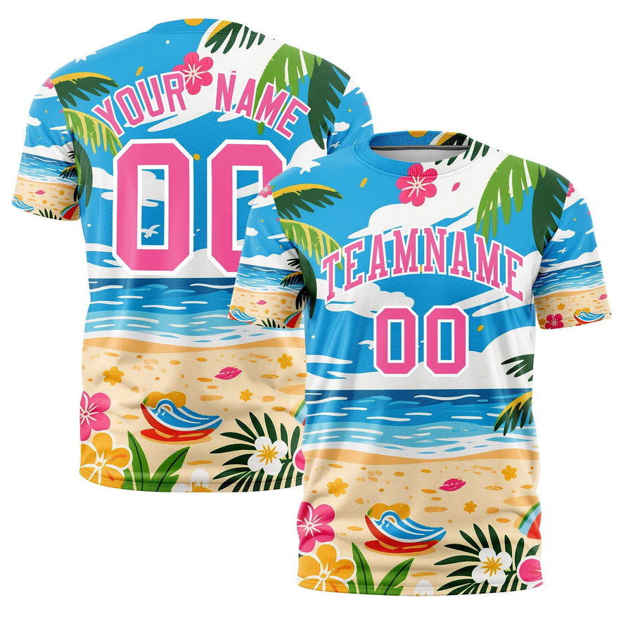 Custom Pink White Graffiti Pattern Hawaiian Style T-shirt | BuyFootballJersey