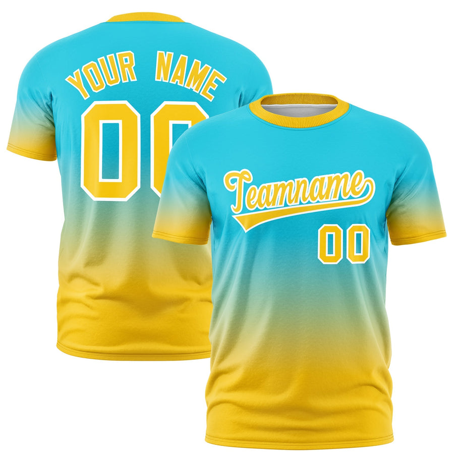 Custom Sky Blue Gold White Gradient Fashion Quick Dry T-shirt | BuyFootballJersey
