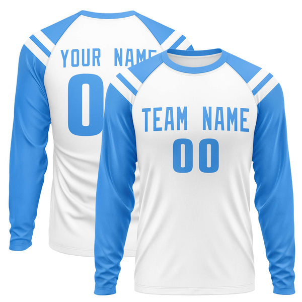 Custom White Powder Blue-White Crew Neck Personalized Raglan Long Sleeve Performance T-Shirt | BuyFootballJersey
