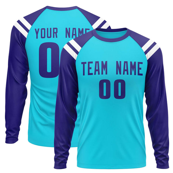 Custom Sky Blue Purple-White Crew Neck Personalized Raglan Long Sleeve Performance T-Shirt | BuyFootballJersey