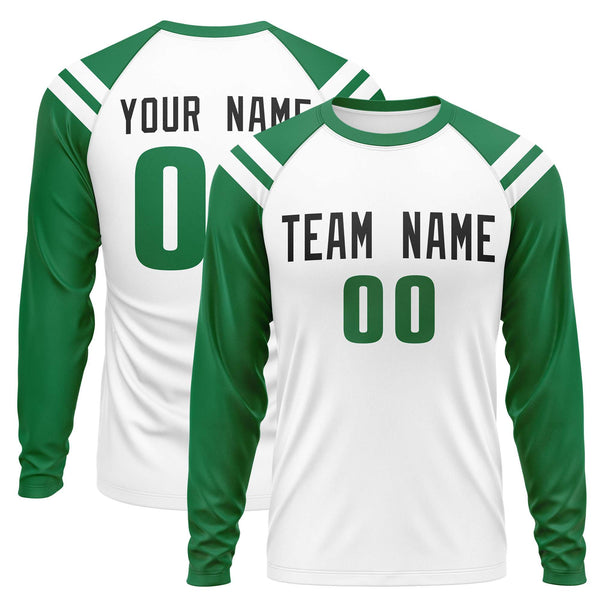Custom White Kelly Green-White Crew Neck Personalized Raglan Long Sleeve Performance T-Shirt | BuyFootballJersey