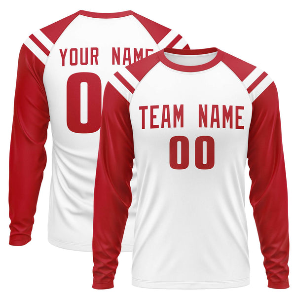 Custom White Red-White Crew Neck Personalized Raglan Long Sleeve Performance T-Shirt | BuyFootballJersey