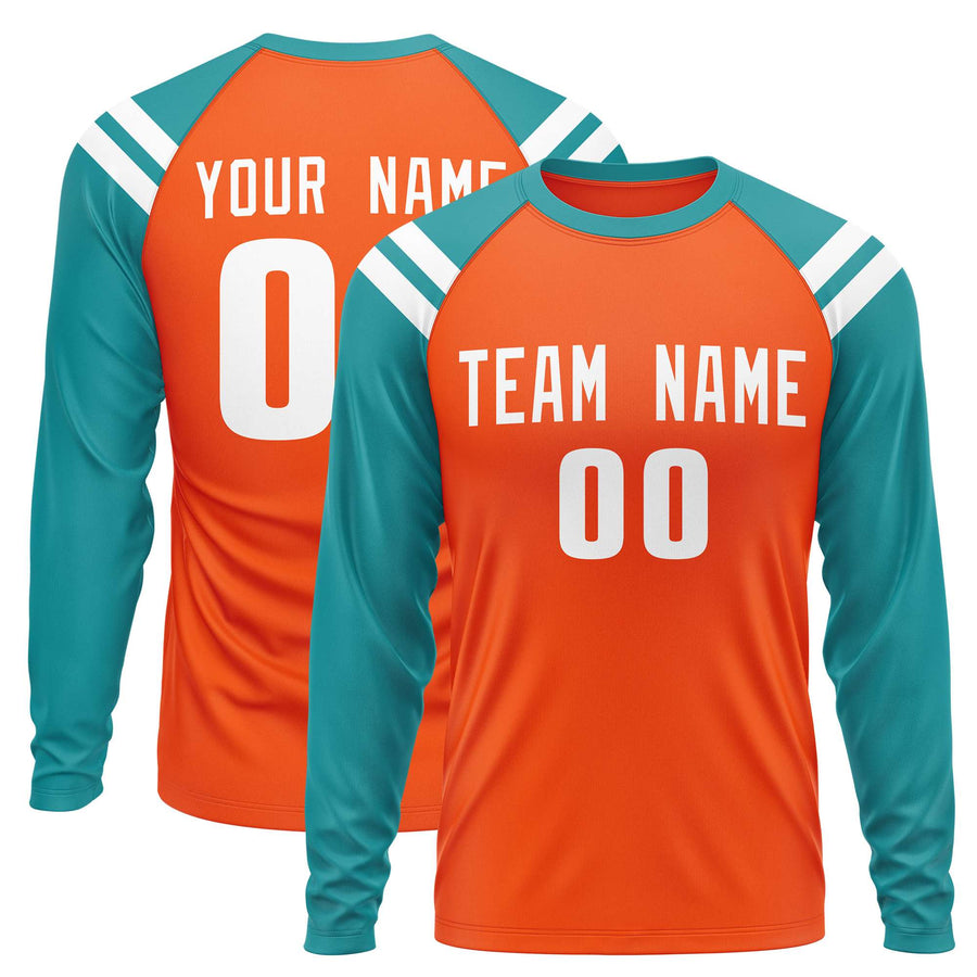 Custom Orange Aqua-White Crew Neck Personalized Raglan Long Sleeve Performance T-Shirt | BuyFootballJersey