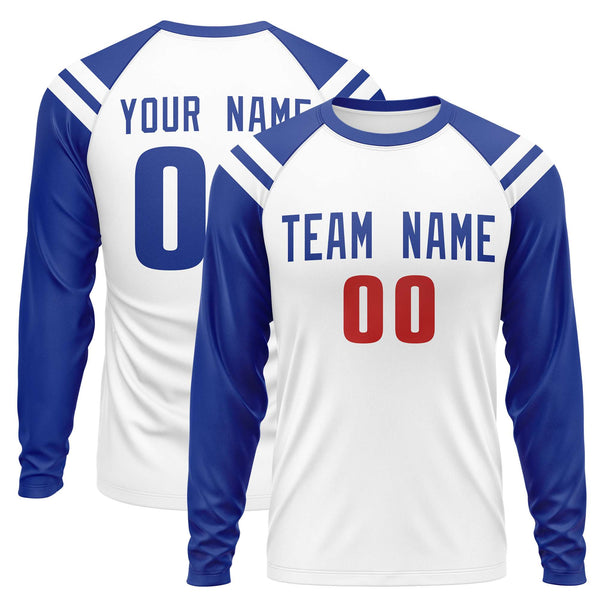 Custom White Royal-White Crew Neck Personalized Raglan Long Sleeve Performance T-Shirt | BuyFootballJersey