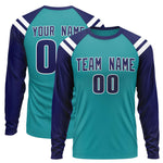 Custom Aqua Navy-White Crew Neck Personalized Raglan Long Sleeve Performance T-Shirt | BuyFootballJersey