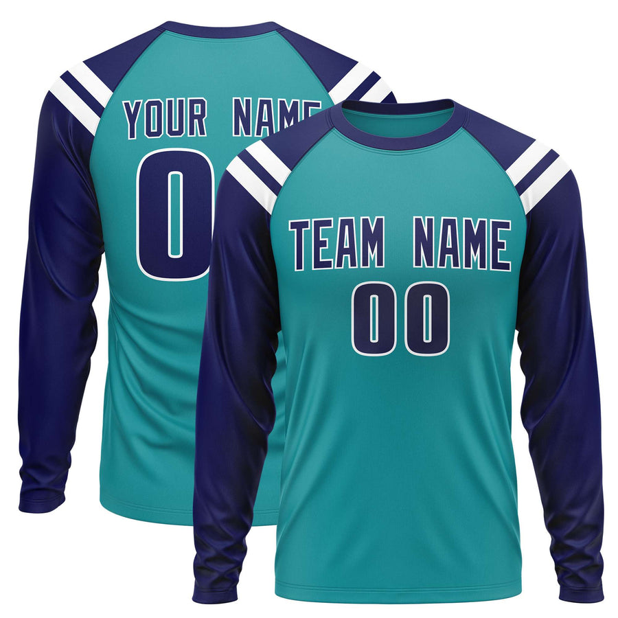 Custom Aqua Navy-White Crew Neck Personalized Raglan Long Sleeve Performance T-Shirt | BuyFootballJersey