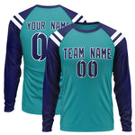 Custom Aqua Navy-White Crew Neck Personalized Raglan Long Sleeve Performance T-Shirt | BuyFootballJersey