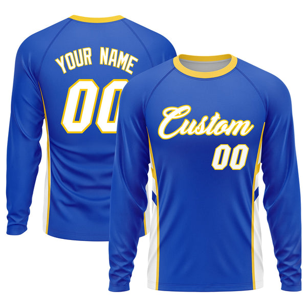 Custom Royal White Crew Neck Personalized Raglan Long Sleeve Performance T-Shirt | BuyFootballJersey