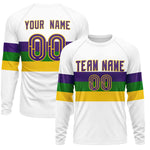 Custom White Purple Crew Neck Personalized Mardi Gras Long Sleeve Performance T-shirt | BuyFootballJersey