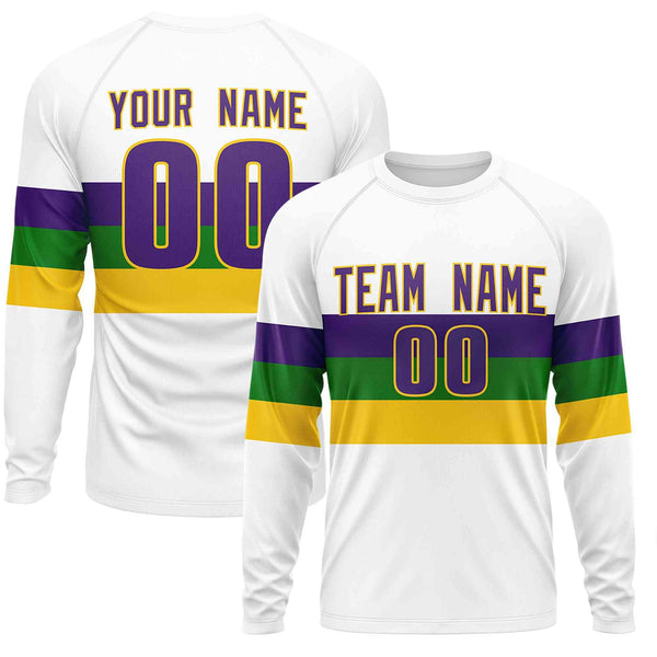 Custom White Purple Crew Neck Personalized Mardi Gras Long Sleeve Performance T-shirt | BuyFootballJersey