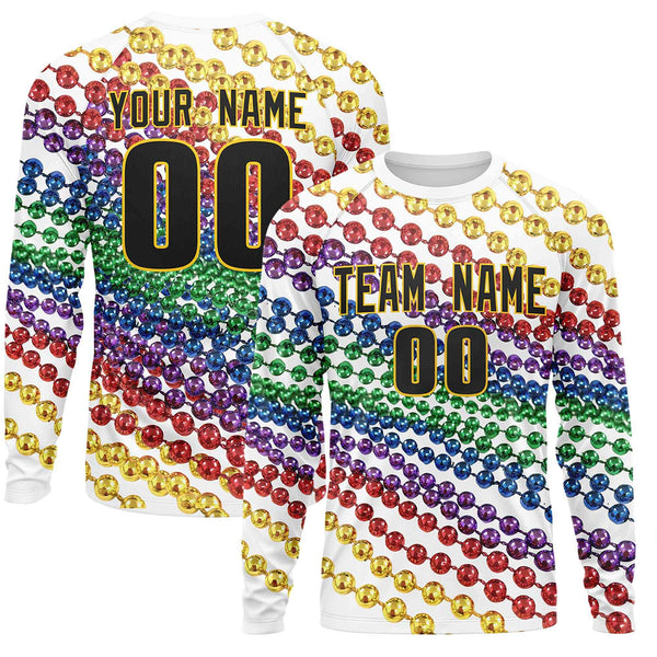 Custom White Black Crew Neck Personalized Mardi Gras Long Sleeve Performance T-shirt | BuyFootballJersey
