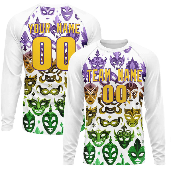 Custom White Gold Crew Neck Personalized Mardi Gras Long Sleeve Performance T-shirt | BuyFootballJersey
