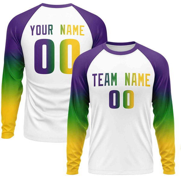 Custom White Purple Crew Neck Personalized Mardi Gras Long Sleeve Performance T-shirt | BuyFootballJersey