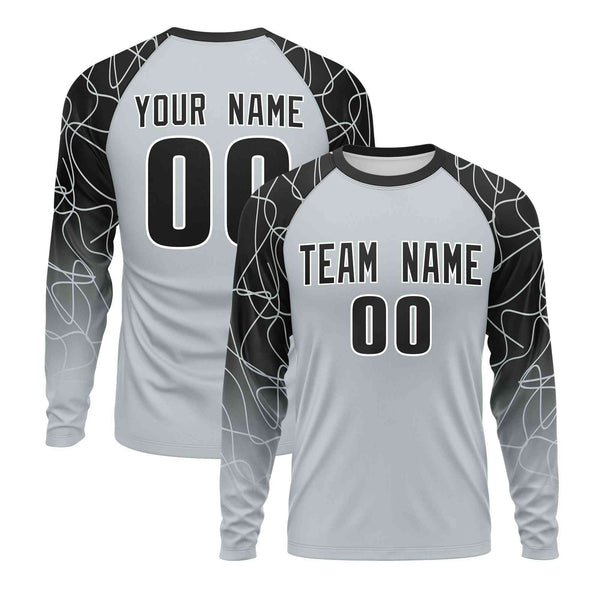 Custom Silver Black Tangled Lines Pattern Raglan Long Sleeve Performance T-Shirt | BuyFootballJersey