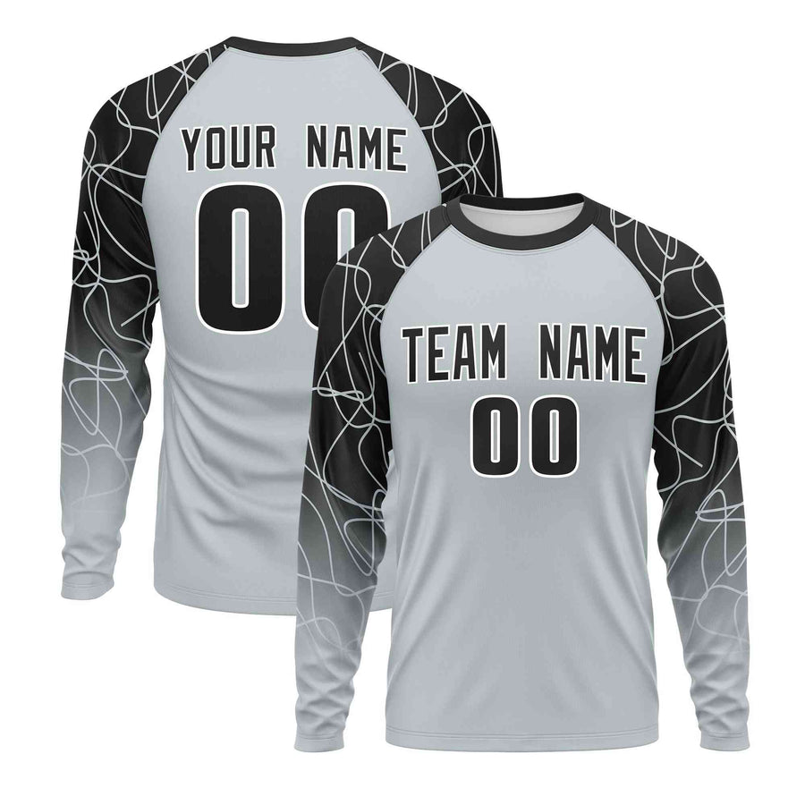 Custom Silver Black Tangled Lines Pattern Raglan Long Sleeve Performance T-Shirt | BuyFootballJersey