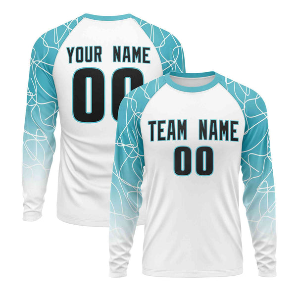 Custom Teal White Tangled Lines Pattern Raglan Long Sleeve Performance T-Shirt | BuyFootballJersey