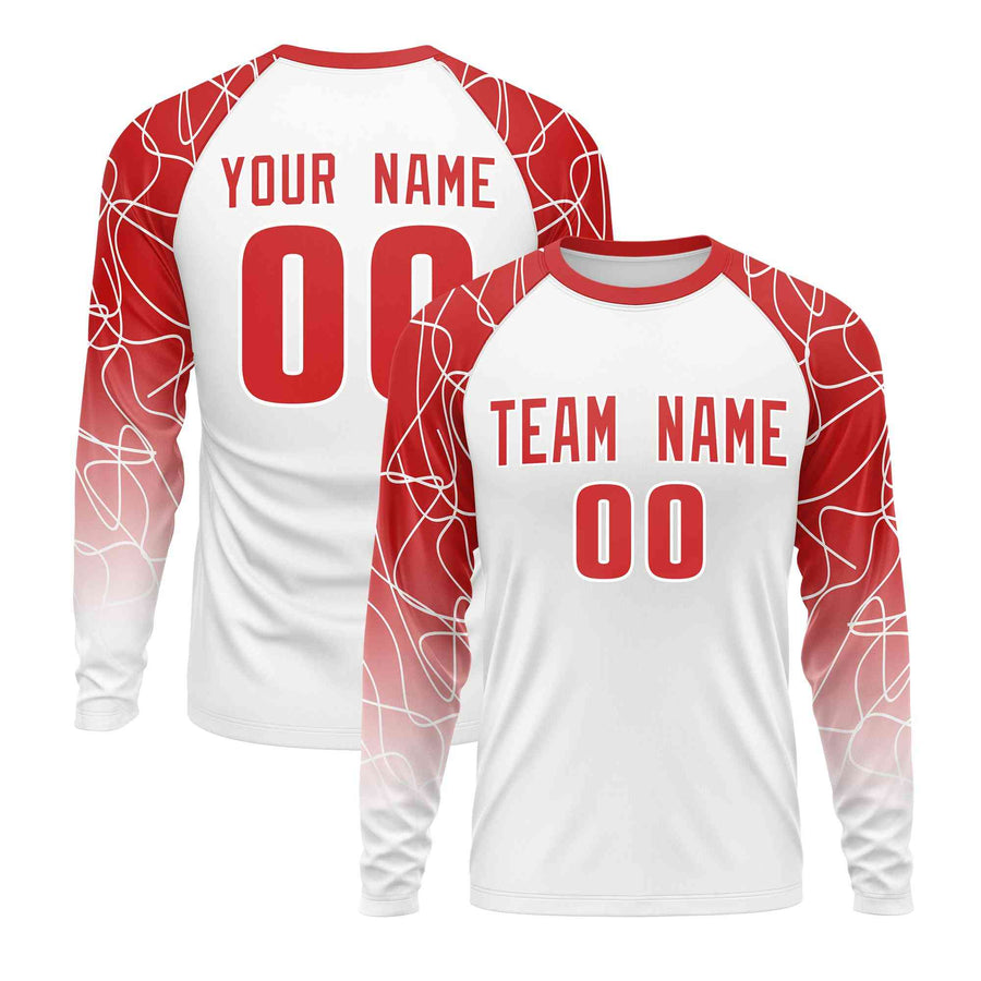 Custom White Red Tangled Lines Pattern Raglan Long Sleeve Performance T-Shirt | BuyFootballJersey