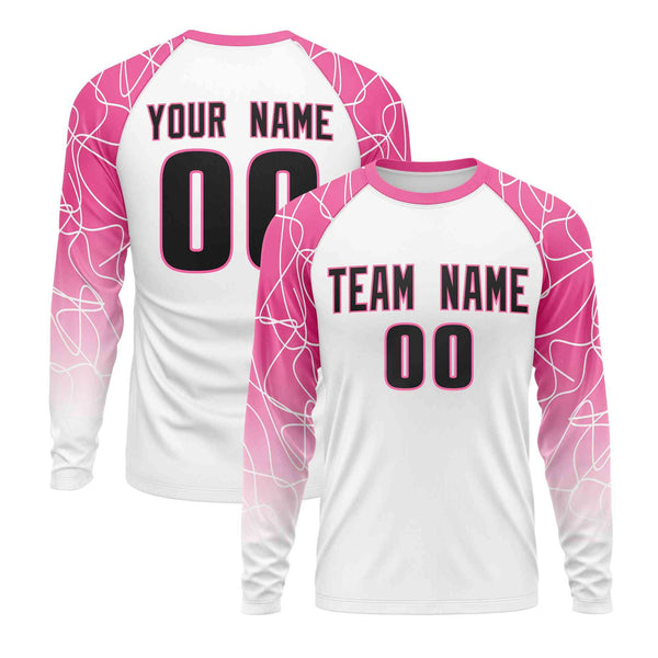 Custom White Pink Tangled Lines Pattern Raglan Long Sleeve Performance T-Shirt | BuyFootballJersey