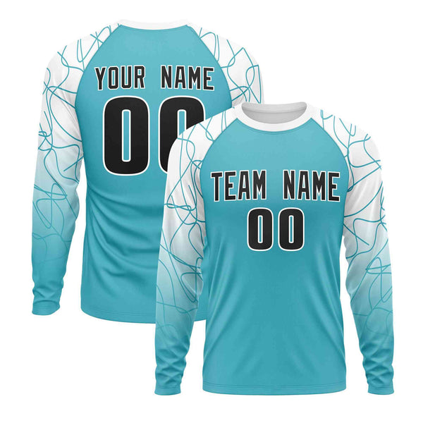 Custom Sky Blue White Tangled Lines Pattern Raglan Long Sleeve Performance T-Shirt | BuyFootballJersey