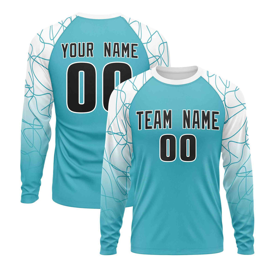 Custom Sky Blue White Tangled Lines Pattern Raglan Long Sleeve Performance T-Shirt | BuyFootballJersey