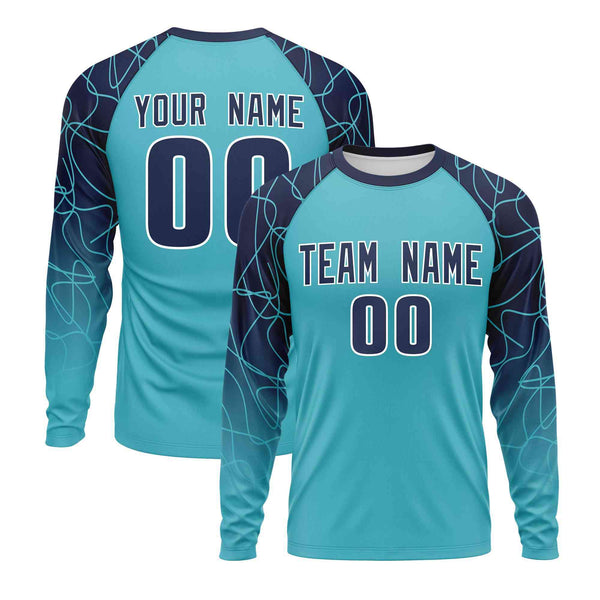 Custom Sky Blue Navy Tangled Lines Pattern Raglan Long Sleeve Performance T-Shirt | BuyFootballJersey