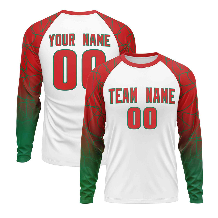 Custom White Red Tangled Lines Pattern Raglan Long Sleeve Performance T-Shirt | BuyFootballJersey