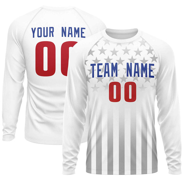 Custom White Royal-Red Personalized American Flag Design Long Sleeve Performance T-shirt | BuyFootballJersey