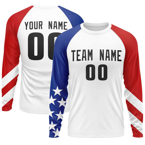 Custom White Royal-Red Personalized American Flag Design Long Sleeve Performance T-shirt | BuyFootballJersey