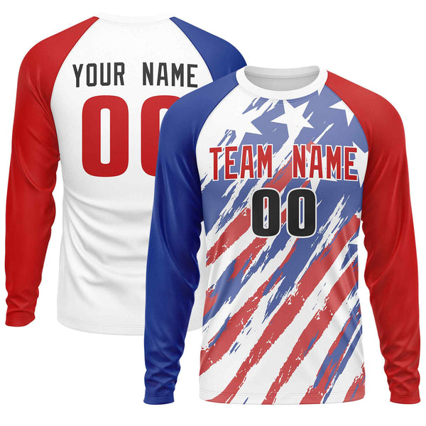 Custom White Royal-Red Personalized American Flag Design Long Sleeve Performance T-shirt | BuyFootballJersey
