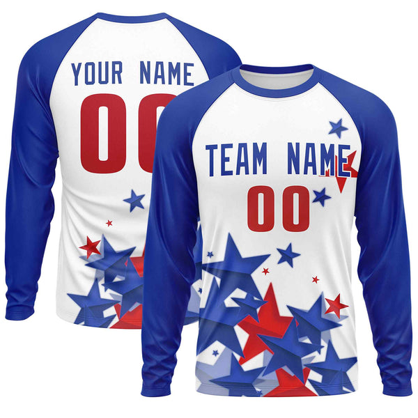 Custom White Royal-Red Personalized American Flag Design Long Sleeve Performance T-shirt | BuyFootballJersey