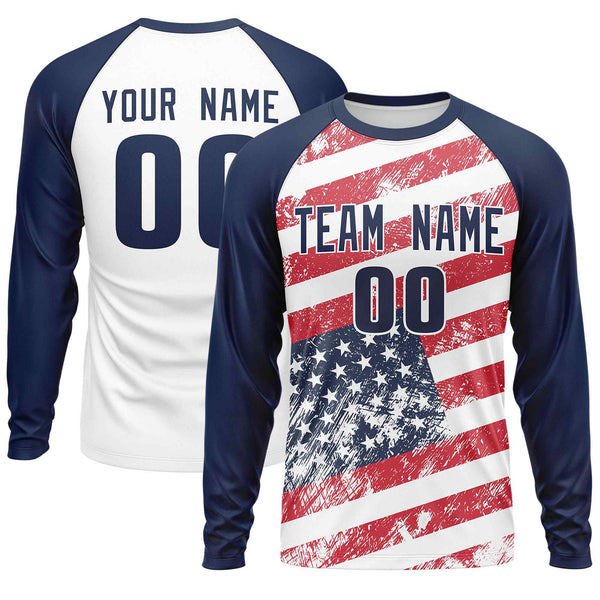 Custom White Navy-Red Personalized American Flag Design Long Sleeve Performance T-shirt | BuyFootballJersey