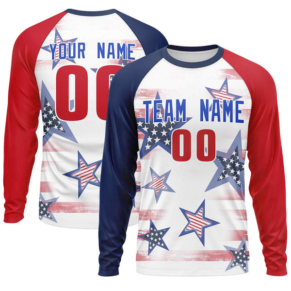 Custom White Navy-Red Personalized American Flag Design Long Sleeve Performance T-shirt | BuyFootballJersey