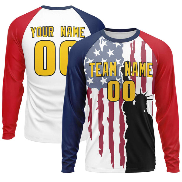 Custom White Navy-Red Personalized American Flag Design Long Sleeve Performance T-shirt | BuyFootballJersey