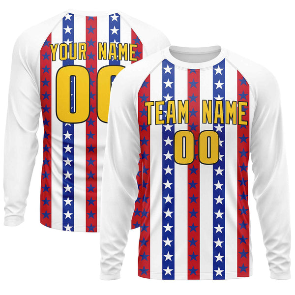Custom White Royal-Red Personalized American Flag Design Long Sleeve Performance T-shirt | BuyFootballJersey