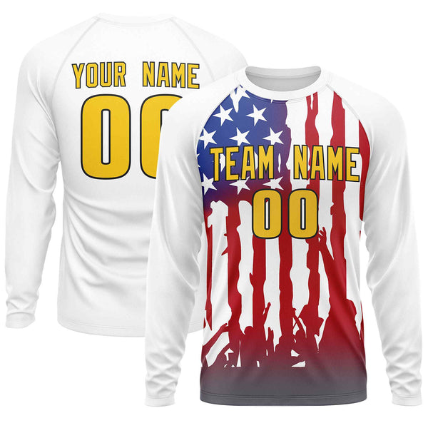 Custom White Red Personalized American Flag Design Long Sleeve Performance T-shirt | BuyFootballJersey