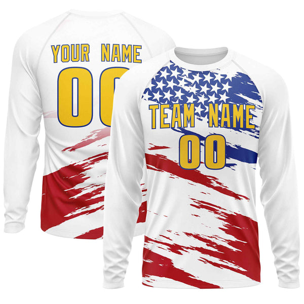 Custom White Red-Royal Personalized American Flag Design Long Sleeve Performance T-shirt | BuyFootballJersey