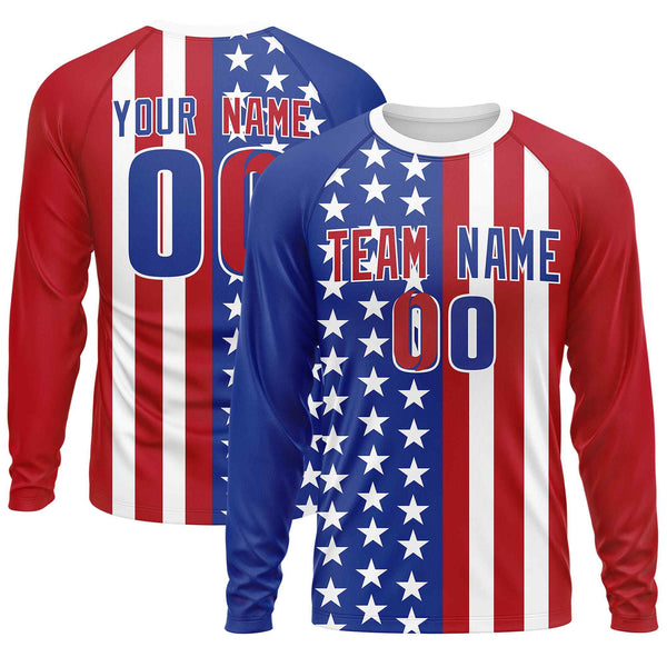 Custom Royal Red Personalized American Flag Design Long Sleeve Performance T-shirt | BuyFootballJersey