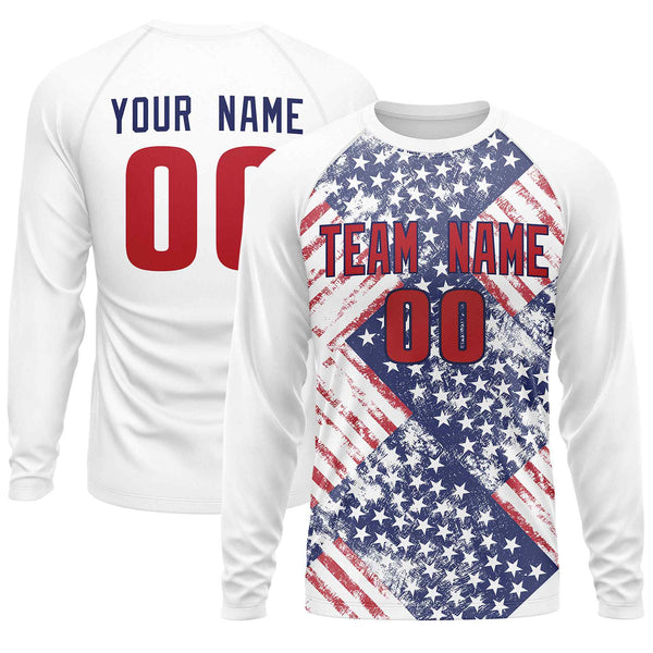 Custom White Royal-Red Personalized American Flag Design Long Sleeve Performance T-shirt | BuyFootballJersey