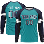 Custom Aqua Navy White Crew Neck Personalized Raglan Long Sleeve Performance T-shirt | BuyFootballJersey