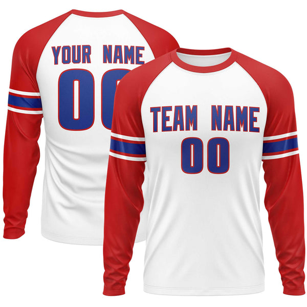 Custom White Red Royal Crew Neck Personalized Raglan Long Sleeve Performance T-shirt | BuyFootballJersey
